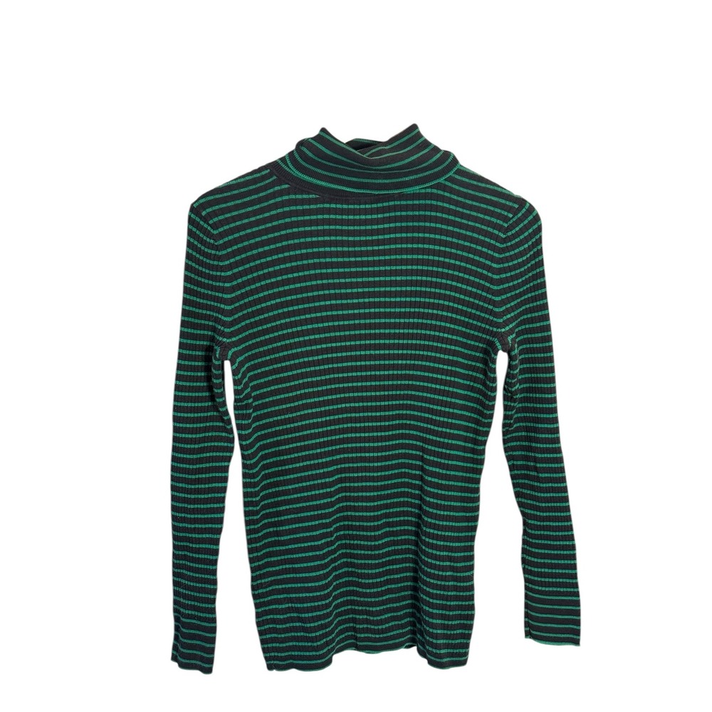 Talbots Women's Striped Turtleneck Sweater Green Black Ribbed Knit Size 1X